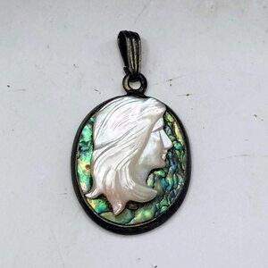 Antique Sterling Silver Cameo Abalone & Carved Mother of Pearl Long Hair